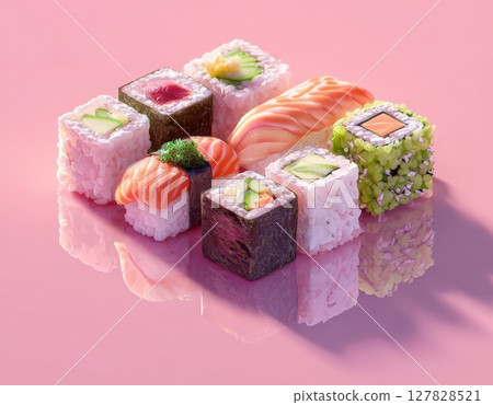 Elegant Assorted Sushi and Maki Set Fresh, Vibrant Japanese Delicacies with Salmon, Tuna, and Avocado, Beautifully Arranged on a Modern Pink Background Elegant Assorted Sushi and Maki Set Fresh, Vibrant Japanese Delicacies with Salmon, Tuna, and Avocado, Beautifully Arranged on a Modern Pink Background 127828521