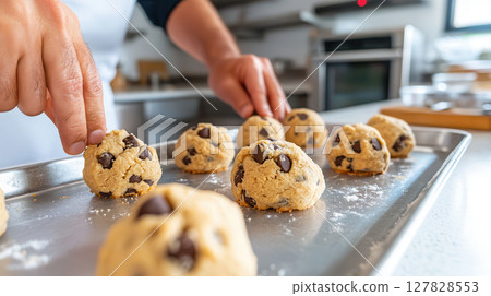 Close-up of male baker's hands arranging chocolate chip cookie dough balls on baking sheet in modern kitchen. Clean and bright kitchen background 127828553