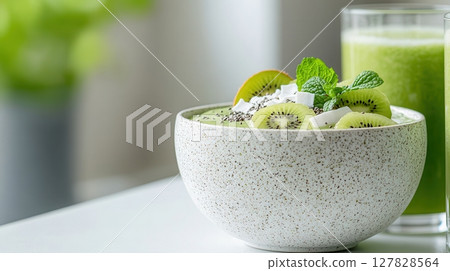 Clean white kitchen with minimalist ceramic bowl of vibrant green smoothie and fresh juice in calming natural light. Clean and bright kitchen background 127828564