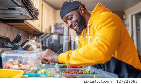 African American man in bright hoodie meal prepping in modern kitchen promoting health and empowerment. Clean and bright kitchen background 127828565