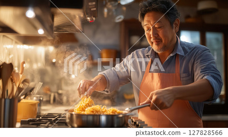 Asian man in business casual preparing pasta with warm lighting and marble backdrop in modern kitchen. Clean and bright kitchen background Asian man in business casual preparing pasta with warm lighting and marble backdrop in modern kitchen. Clean and bright kitchen background 127828566