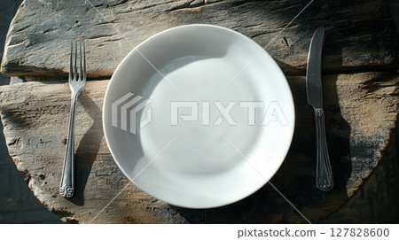 Classic white porcelain plate on dark wood background with fork and knife for a high-end editorial look. Clean and bright kitchen background 127828600