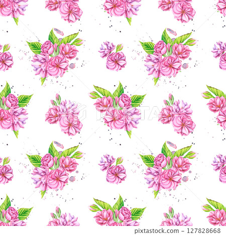 Pink flowers Seamless Pattern. Watercolor botanical background of Pink cherry blossom flowers. Pattern with Japanese flowers in spring. Botanical wallpaper of Sakura flowers for your designs Pink flowers Seamless Pattern. Watercolor botanical background of Pink cherry blossom flowers. Pattern with Japanese flowers in spring. Botanical wallpaper of Sakura flowers for your designs 127828668
