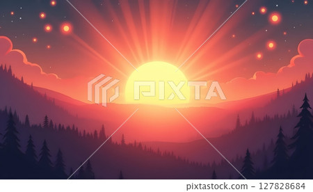 a bright orange sun setting over a field 127828684