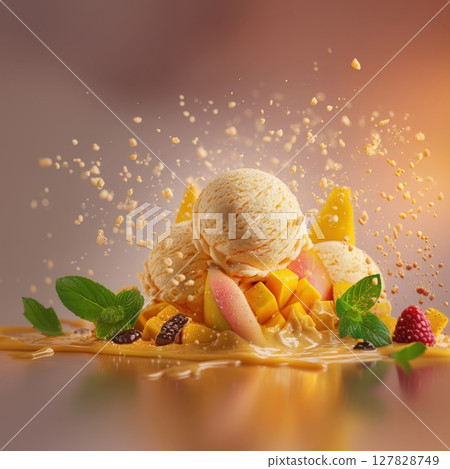 Summertime Bliss: Golden Mango Ice Cream Scoops Splashing with Fresh Fruit, Mint, and Crunchy Toppings, A Burst of Refreshing Flavor 127828749