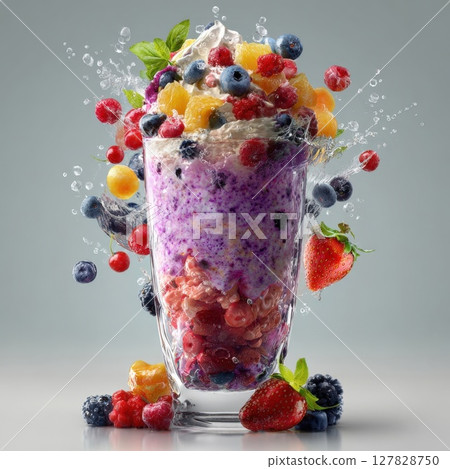 Berry Blast Yogurt Parfait: A Dynamic Cascade of Freshness, Bursting with Antioxidants, Creamy Layers, and Refreshing Fruit Splashes 127828750