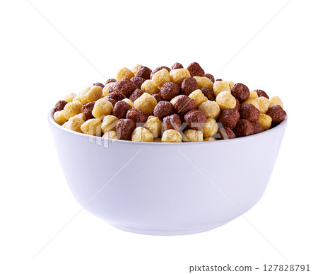 ceramic  bowl of corn balls and chocolate corn balls isolated on a white background. 127828791
