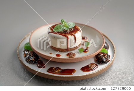 Exquisite Gourmet Cheesecake A Culinary Masterpiece with Rich Drizzles, Crunchy Topping, and Fresh Mint, Perfect for Upscale Desserts Exquisite Gourmet Cheesecake A Culinary Masterpiece with Rich Drizzles, Crunchy Topping, and Fresh Mint, Perfect for Upscale Desserts 127829000