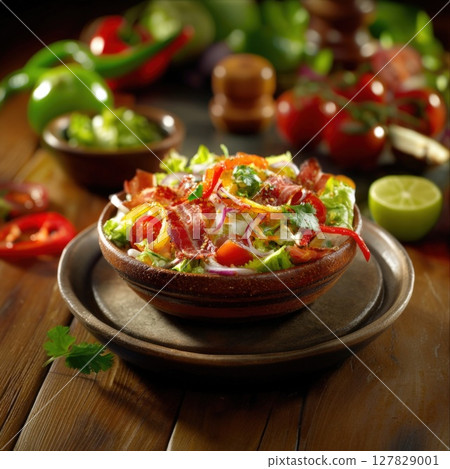 Crispy Bacon and Fresh Vegetable Salad A Vibrant and Hearty Dish Bursting with Flavor, Presented in a Rustic Bowl on Wood 127829001
