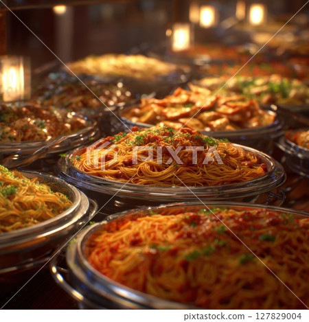 Vibrant Italian Pasta Buffet A Culinary Extravaganza Featuring Abundant Dishes of Spaghetti with Rich Sauces and Fresh Herbs for Any Grand Event 127829004