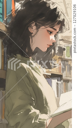 An artistic illustration of a book-loving girl with a bookshelf and an intellectual atmosphere. 127829106
