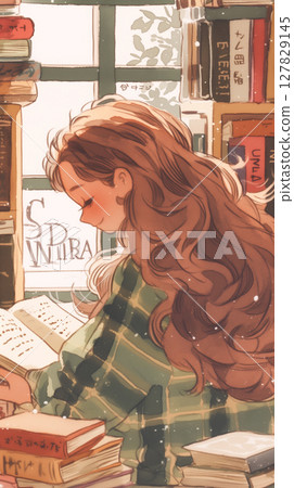 A girl with sparkling eyes surrounded by a sea of books. The definitive retro fantasy illustration on the theme of bookshelves and reading. 127829145