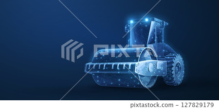 Road roller. Building site, construction machine, diesel engine. 127829179
