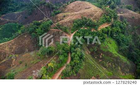 Aerial view of a mountain that has been cut down and destroyed by humans. Bird's-eye view of deforestation in Thailand. Environmental destruction. Aerial view of a mountain that has been cut down and destroyed by humans. Bird's-eye view of deforestation in Thailand. Environmental destruction. 127829240