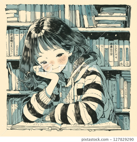 A delicate profile of a girl engrossed in reading a book alone in her study, a scene of intellectual time drawn in ink pen style illustration 127829290