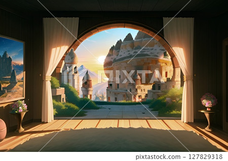 Game background: A courtyard gazebo with a view of the castle 127829318
