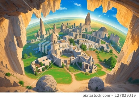 Game background: Aerial view of an ancient fortress city in a fisheye lens style 127829319