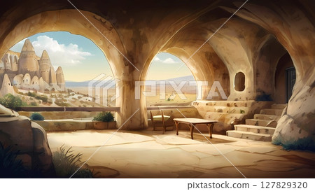 Game background: Old church ruins visible in the distance 127829320