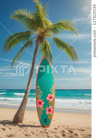 度假村藍色的海、棕櫚樹和衝浪板 127829339
