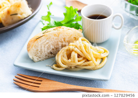 Pasta and focaccia meal Pasta and focaccia meal 127829456