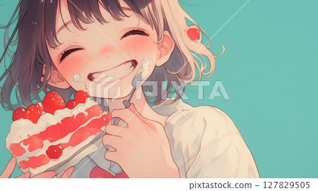 A dream depicting a cute expression of a girl smiling happily surrounded by sweets and a fantastical world with sweets flying around. 127829505