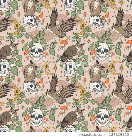Seamless pattern with hand drawn inky eagle owls sitting on human skulls Seamless pattern with hand drawn inky eagle owls sitting on human skulls 127829560