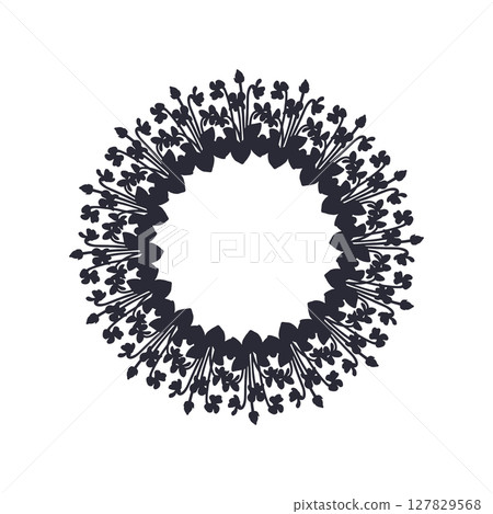 Hand drawn black silhouette of canary islands flowers blue violet wreath. Card template with cute floral frame Hand drawn black silhouette of canary islands flowers blue violet wreath. Card template with cute floral frame 127829568