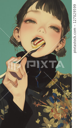 用叉子吃脆餅的女孩閃閃發光的眼睛和蓬鬆的氛圍 127829599
