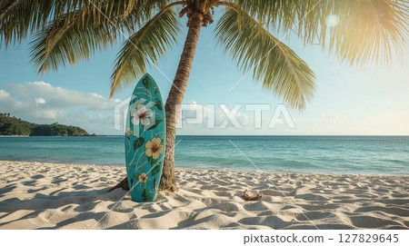 熱帶沙灘上的衝浪板和棕櫚樹 127829645
