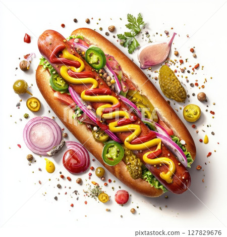 Gourmet All Beef Hot Dog on a Toasted Bun with Premium Toppings High Resolution Culinary Delight 127829676
