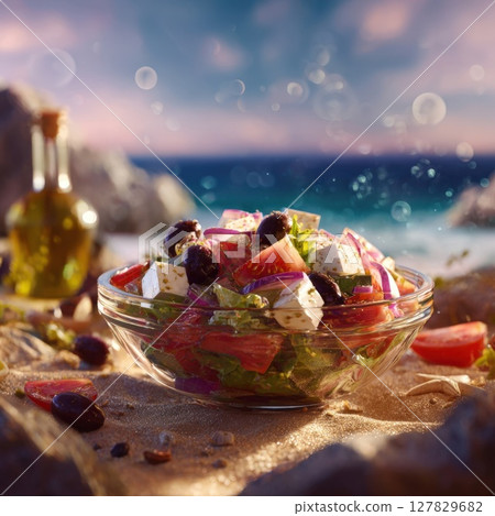 Vibrant Mediterranean Greek Salad on a Beach with Ocean Sunset Backdrop Perfect for Travel and Healthy Lifestyle Themes Vibrant Mediterranean Greek Salad on a Beach with Ocean Sunset Backdrop Perfect for Travel and Healthy Lifestyle Themes 127829682