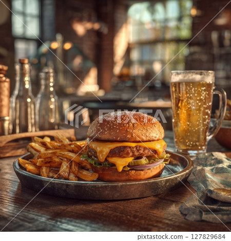 Mouthwatering Gourmet Cheeseburger Crispy Golden Fries with a Refreshing Beer in an Authentic Restaurant Setting 127829684