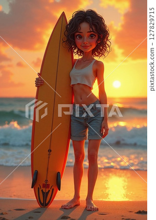 Sunset beach surfing girl Sunset beach surfing girl 127829715