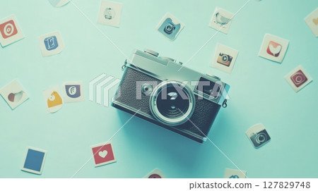 Vintage camera surrounded by social media icons on light blue surface, blending traditional photography with digital sharing Vintage camera surrounded by social media icons on light blue surface, blending traditional photography with digital sharing 127829748