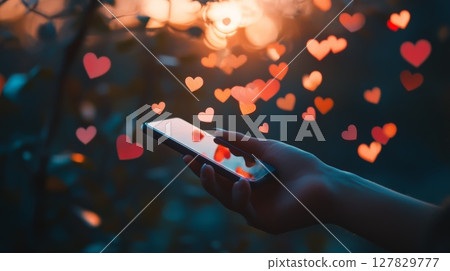 Woman holding smartphone with floating hearts symbolizing love, appreciation, and positive engagement on social media platforms at sunset Woman holding smartphone with floating hearts symbolizing love, appreciation, and positive engagement on social media platforms at sunset 127829777