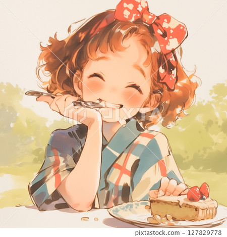 A girl's smile as she holds a delicious cake with care. Sweets art overflowing with gentle colors and sweetness. A girl's smile as she holds a delicious cake with care. Sweets art overflowing with gentle colors and sweetness. 127829778