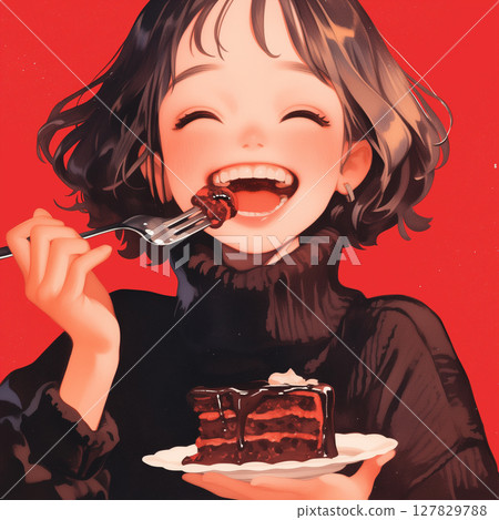 少女捧著美味蛋糕，露出笑容。充滿溫柔色彩和甜蜜的甜點藝術。 127829788
