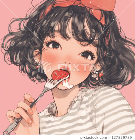 描繪了少女吃蛋糕的夢幻表情和細膩的色彩的精美甜點插圖。 127829789