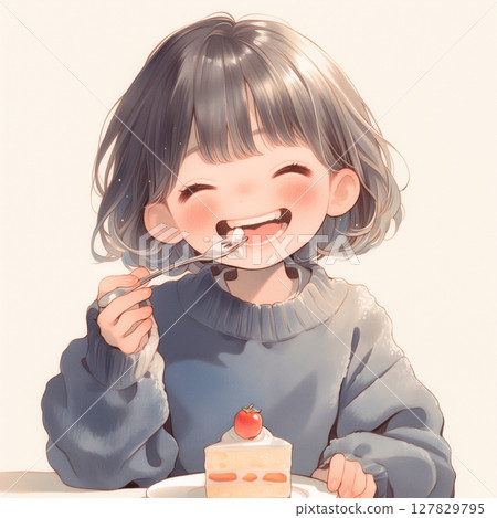 描繪了少女吃蛋糕的夢幻表情和細膩的色彩的精美甜點插圖。 127829795