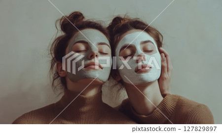 Two young women with their hair tied up are wearing turtleneck sweaters and leaning their heads against each other while applying cosmetic clay face masks, enjoying a moment of relaxation 127829897