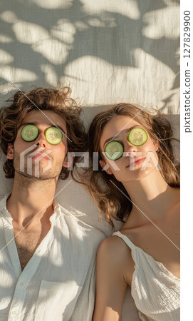 Young man and woman are lying down with cucumber slices on their eyes, enjoying a relaxing skincare treatment with natural cosmetics 127829900