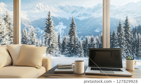 Cozy winter cabin with mountain view and workspace by the window 127829928