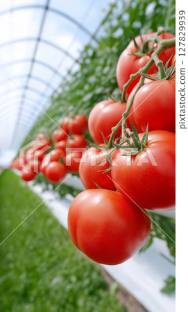Fresh ripe tomatoes growing in greenhouse with lush greenery 127829939