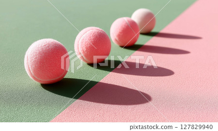 Pink tennis balls aligned on green and pink surface creating shadows Pink tennis balls aligned on green and pink surface creating shadows 127829940