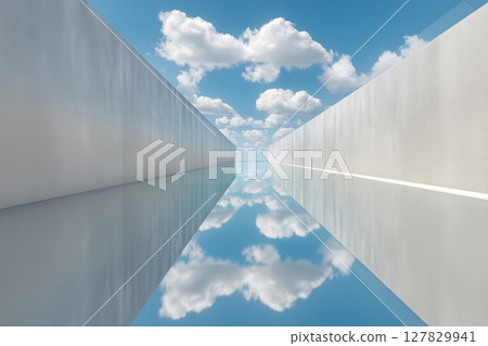 Sleek modern architecture with sky reflection on water surface Sleek modern architecture with sky reflection on water surface 127829941