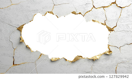 Cracked wall with torn golden edges creating irregular opening Cracked wall with torn golden edges creating irregular opening 127829942