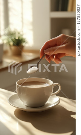 Woman adds sugar to her morning coffee, contemplating the implications of sugar consumption for her overall well being and considering a low sugar lifestyle 127830027