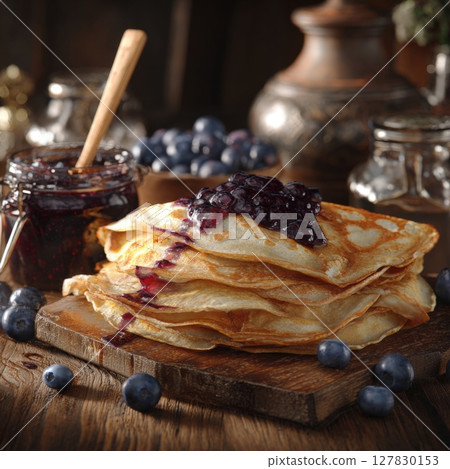 Golden Crepe Stack with Luscious Blueberry Compote A Delightful Breakfast or Dessert Irresistible Sweetness, Perfect for Any Time of Day 127830153