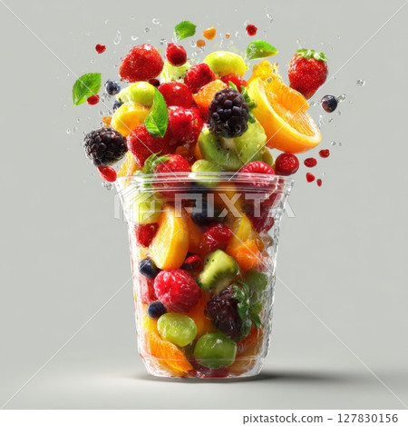 Explosion of Freshness Vibrant Mixed Berries and Citrus Fruits Bursting from a Cup A Dynamic Celebration of Healthy, Delicious Goodness 127830156