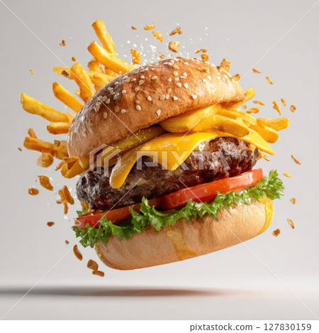Gravity Defying Burger Blast Juicy Cheeseburger and Crispy Fries in a Dynamic Mid Air Explosion A Delicious Celebration of Fast Food Perfection Gravity Defying Burger Blast Juicy Cheeseburger and Crispy Fries in a Dynamic Mid Air Explosion A Delicious Celebration of Fast Food Perfection 127830159